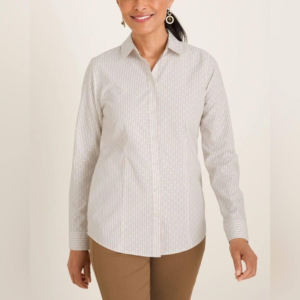Chicos Coolmax All Season No Iron Sand Jacquard Dot Striped Button Up Sh…